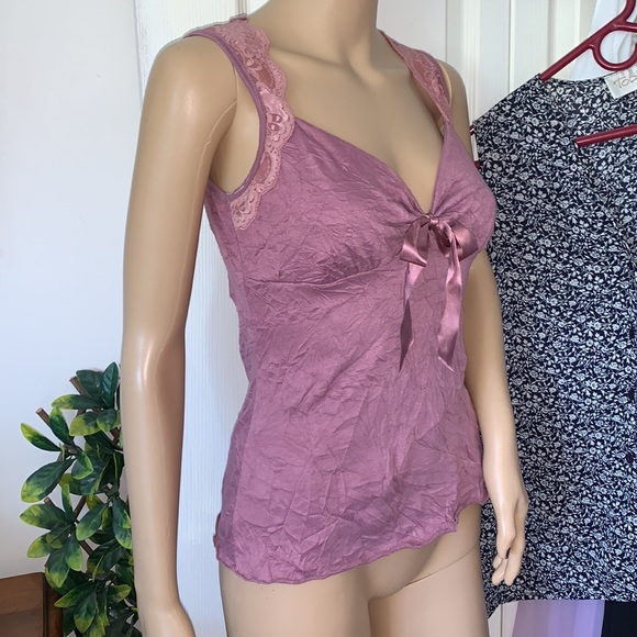 Dusty rose pink Lacey satin bow empire sleeveless tank top S M - Picture 6 of 12